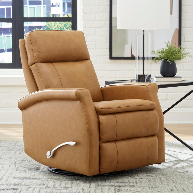 Dianela 32" Top Grain Leather Manual Swivel Glider Recliner with Rolled Arms, Russet