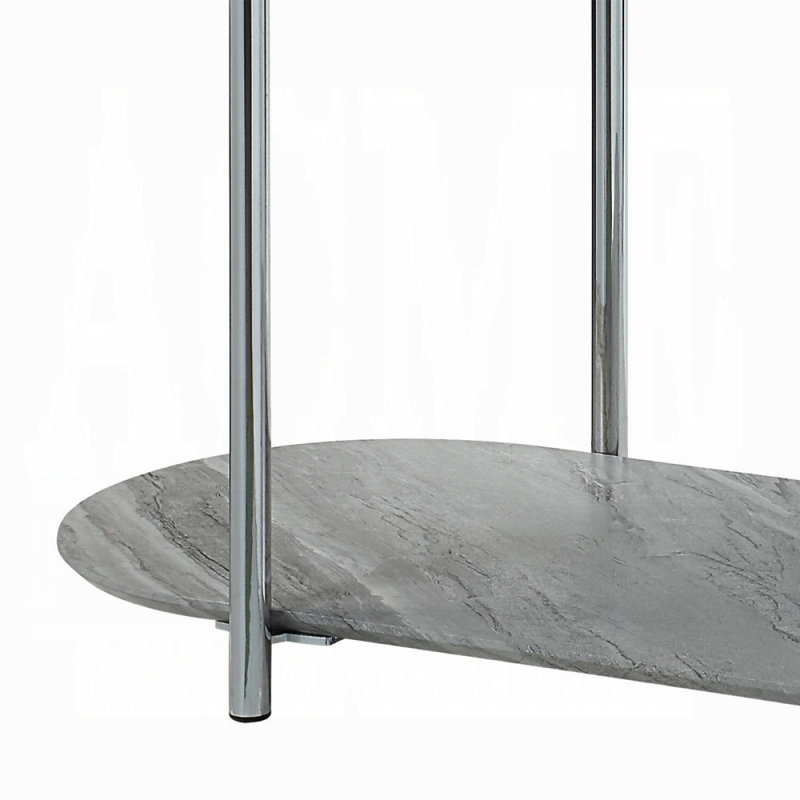 Table de canapé grise très brillante et chromée avec tablette inférieure