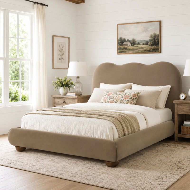 Lit plateforme tapissier contemporain à dossier chameau, prêt pour le matelas, aucun sommier nécessaire, grand / simple. Très grand, avec pieds en bois rond
