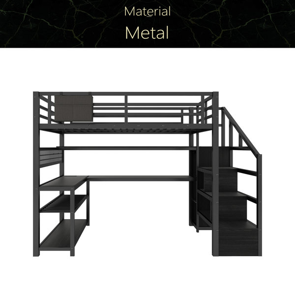 Harriet Bee Full Size Loft Bed With Staircase And Wardrobe, Metal Loft ...