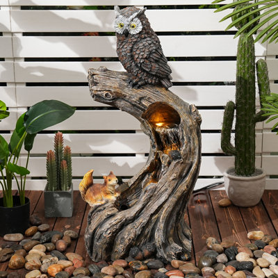 32" Forest-Style Water Fountain with LED Lights, Owl Tree Trunk Cascading Waterfall Decor, 4-Tier Weather-Resistant Resin Outdoor Feature