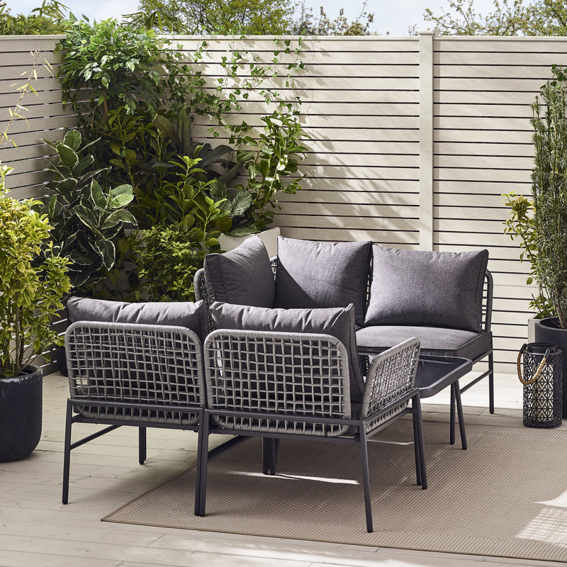 Alahni Outdoor 4-5 Seat Corner Sofa with Cushions and Coffee Table - Modern Rattan (Cover Included), Grey/Grey