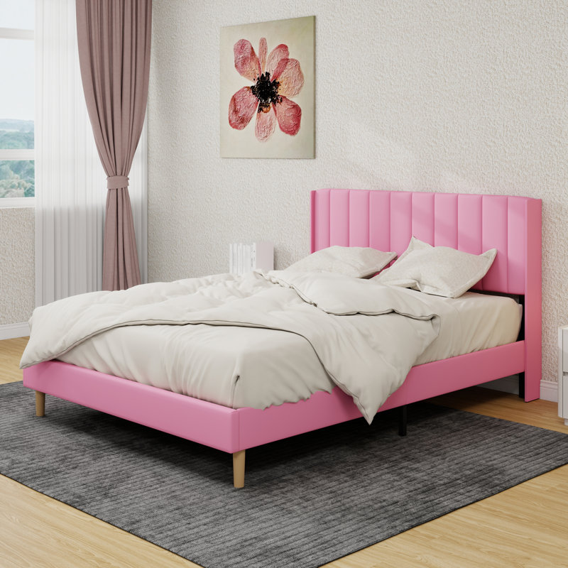 Upholstered Platform Bed Frame, Queen, Pink