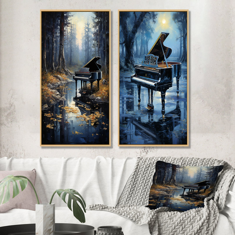 «Piano Forest Reflection - Music Piano», ensemble de 2 reproductions d'art sur toile, Cadre flottant brun, H 32 po x l 33 po