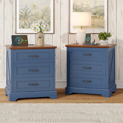 Farmhouse Nightstand with Charging Station, 3 Drawers Bedside Table, 22-inch Wide End Table for Bedroom, Living Room