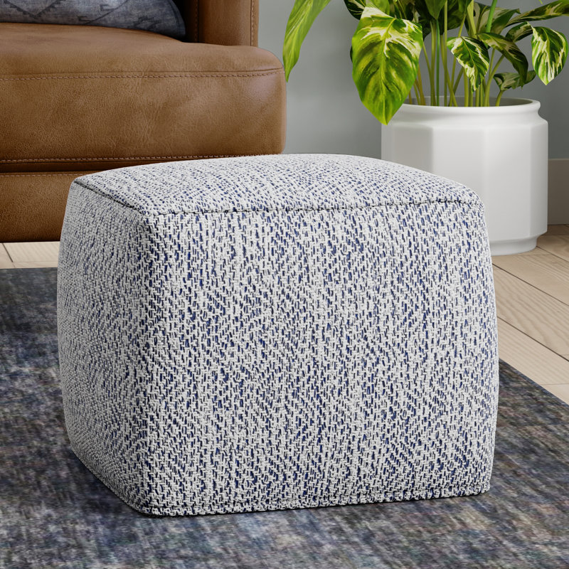 Nate 18"W Upholstered Cotton Square Pouf, Blue