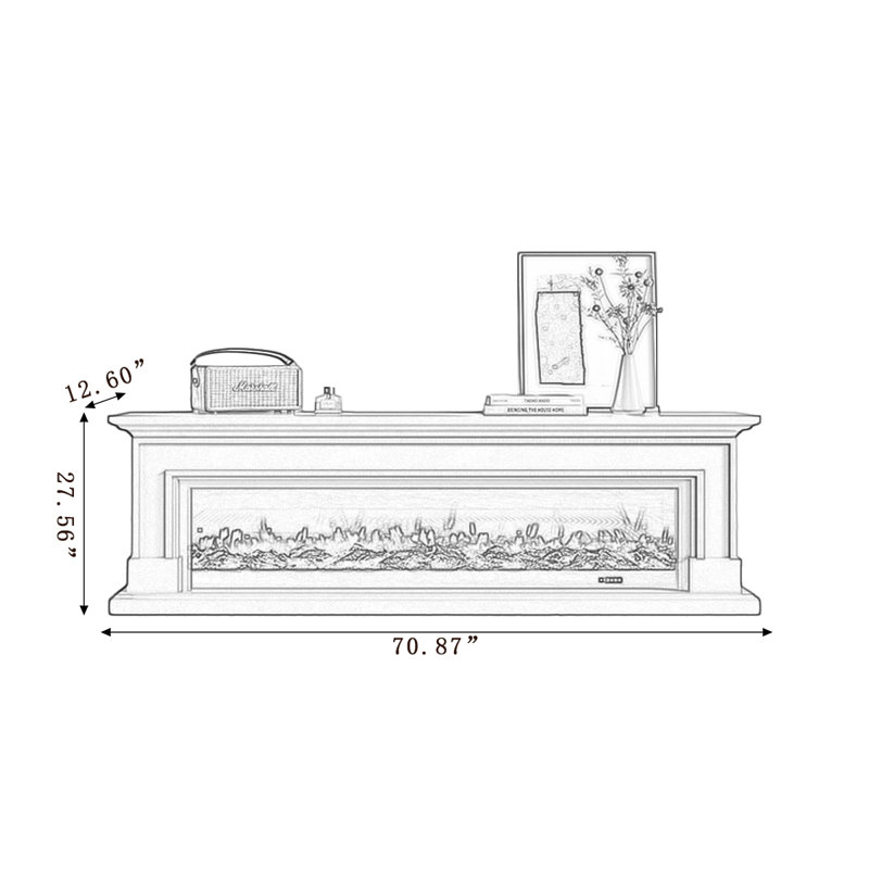Black Solid  Wood TV Cabinet Fireplace, 27.56” H x 70.87” W x 12.6” D, Black