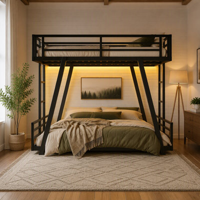 Twin over Twin Bunk Bed with 2 Side Ladders, Metal Bunk Bed with Spdcial Support Leg Design and LED Light, Low Profile Bunk Bed
