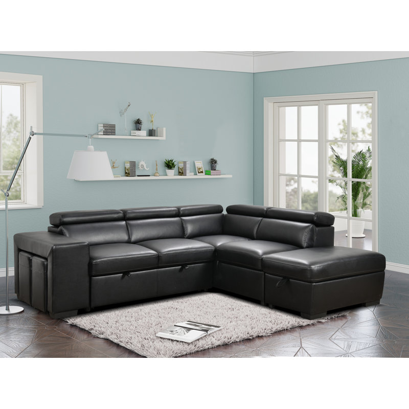 Canapé-lit modulaire en similicuir de 103 po de largeur avec appui-tête réglable, canapé-lit modulaire escamotable avec repose-pieds et 2 tabourets