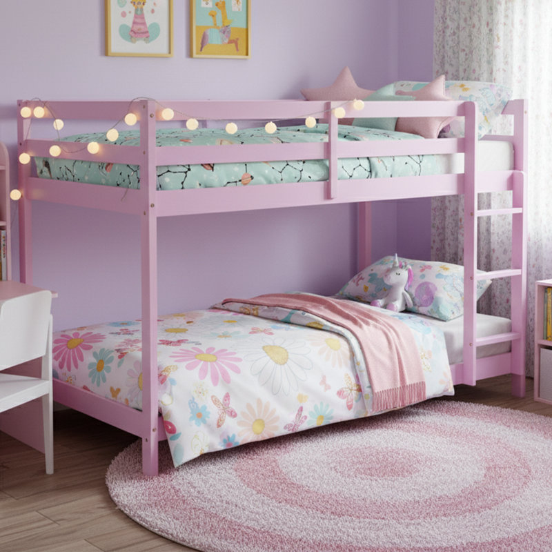  77" Wide Twin over Twin Low Bunk Bed - Solid Rubberwood Floor Bed Frame for Kids - Safety Guardrails and Integrated Ladder - No Box Spring Needed
