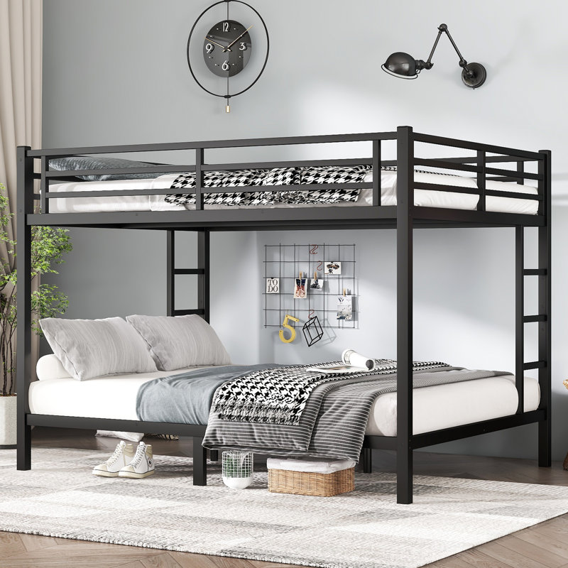 Lit superposé au-dessus de grand lit en métal pour les adolescents et les adultes, structure peu encombrante, conception silencieuse, aucun sommier nécessaire, noir
