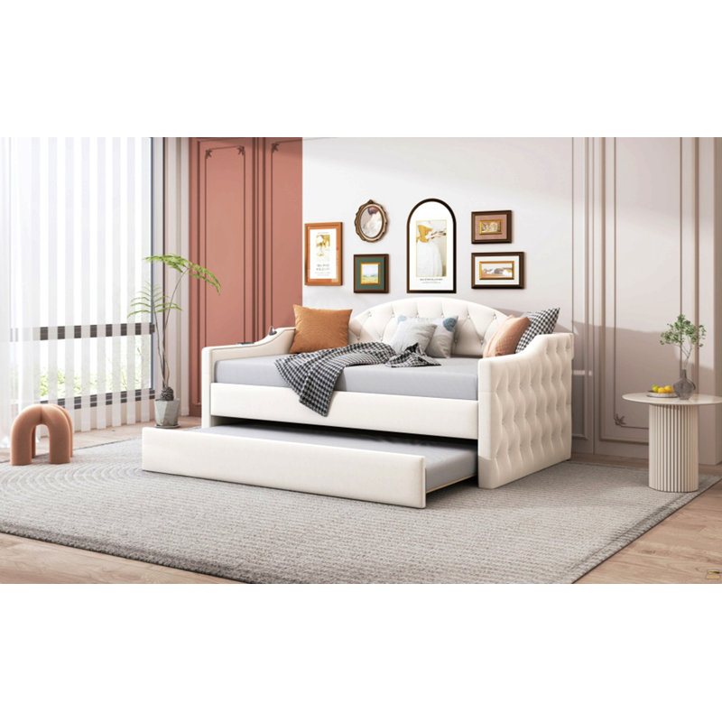 Twin Size Tufted Upholstered Daybed With Trundle ,Velvet Sofabed With USB&Type-C Charging Ports,No Box-Spring Needed, Beige