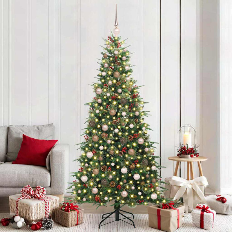 Artificial Hinged Christmas Tree Green PE and PVC, Green/Brown/Ivory, 6.89' H