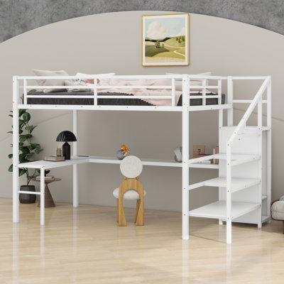 Lit mezzanine avec bureau en L et port USB, tablette de garde-robe et DEL