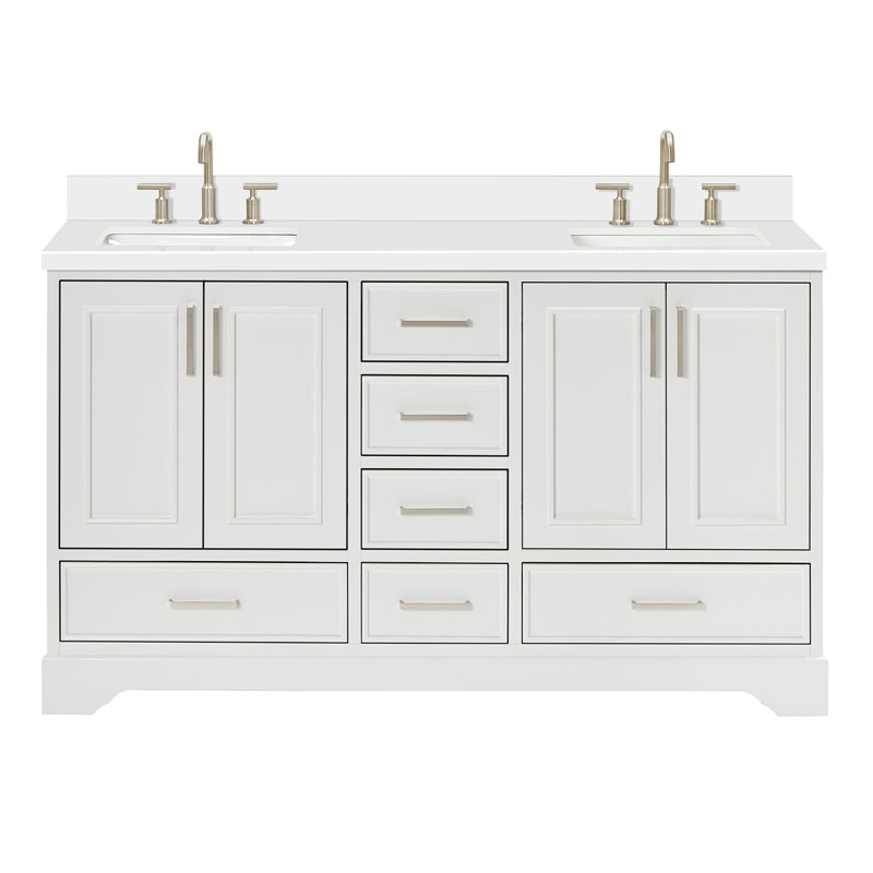 61'' Double Bathroom Vanity with White Quartz Top, White