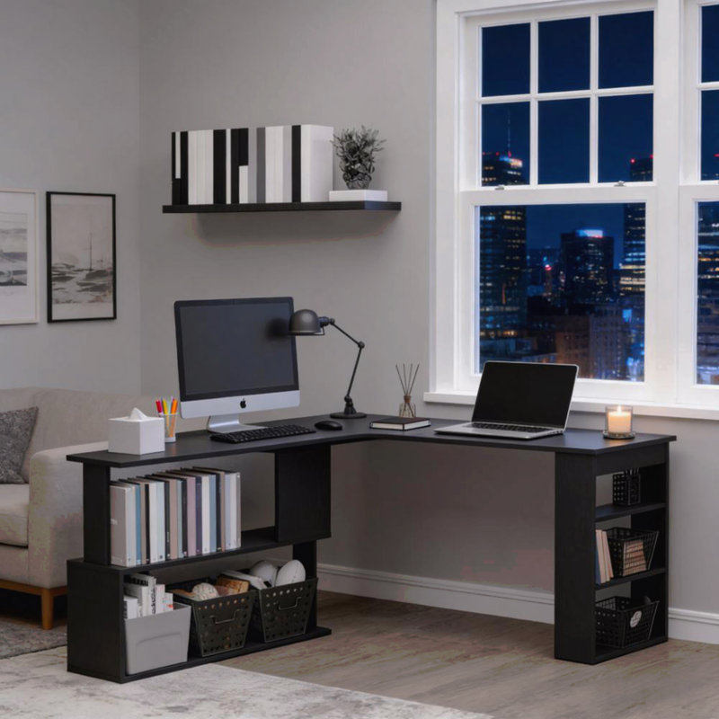 L Shaped Corner Computer Desk,360° Rotating Home Office Desk, Noir