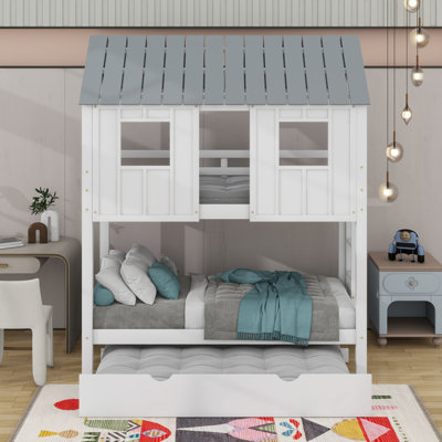 Twin Size House Bunk Bed With Trundle,Roof And Windows