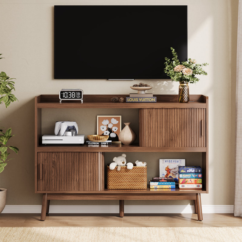  51.2"  W TV Stand with Outlet & Cabinets & Open Shelves, Walnut