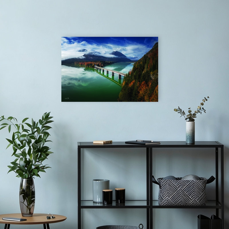 Pont vers l'automne, architecture contemporaine abstraite, impression d'art mural d'automne, H 12 po x l 18 po