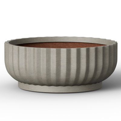15 in. Medium Stone Gray(Upgraded Interior) Concrete Round Planter / Pot Ribbed Design Planter Bowl with Drainage Hole