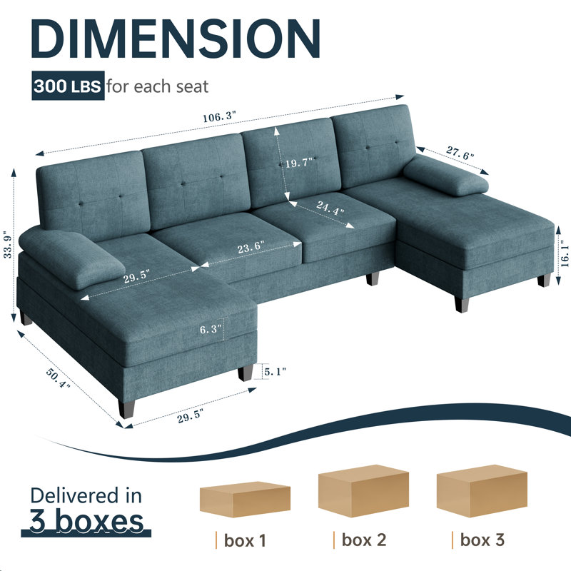 Canapé modulaire en L avec repose-pieds Ashleh, Mélange de coton bleu