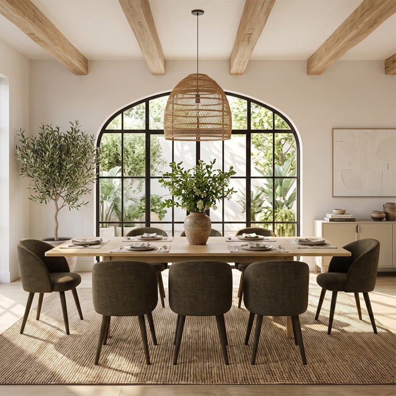 Ensemble de table de salle à manger extensible en placage de bois véritable (72" ​​à 104") avec 8 fauteuils en chenille, Brun
