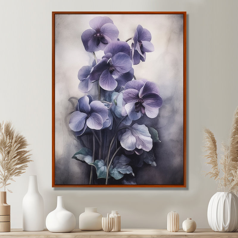 Mauve gris, violettes, rêve II - art mural floral, H 32 po x l 24 po x P 1 po, Cadre flottant brun