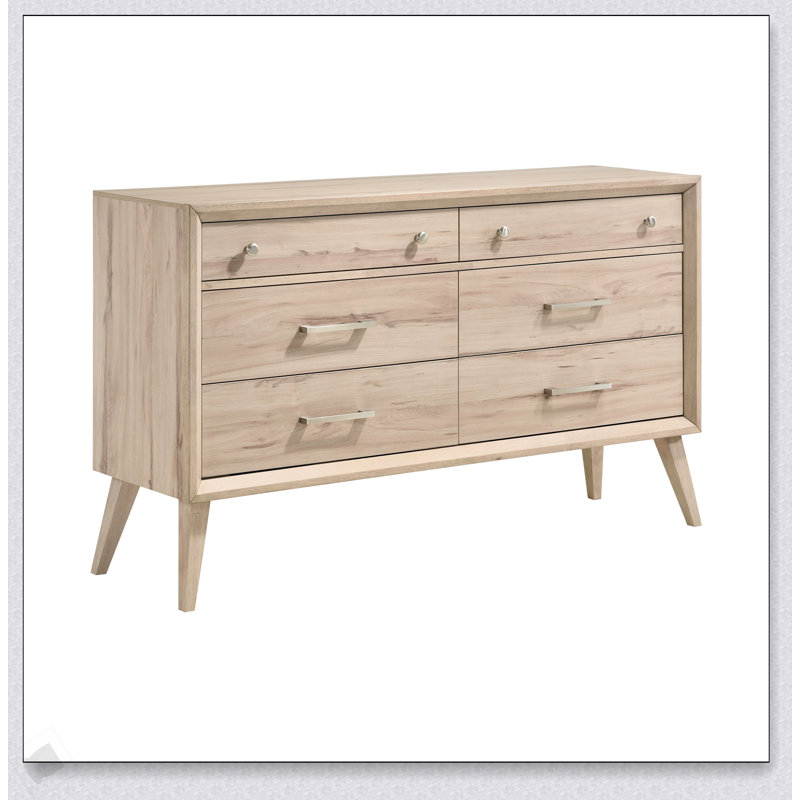 Commode à 6 tiroirs de style classique avec finition chêne naturel, design Mid-Century moderne pour un rangement élégant