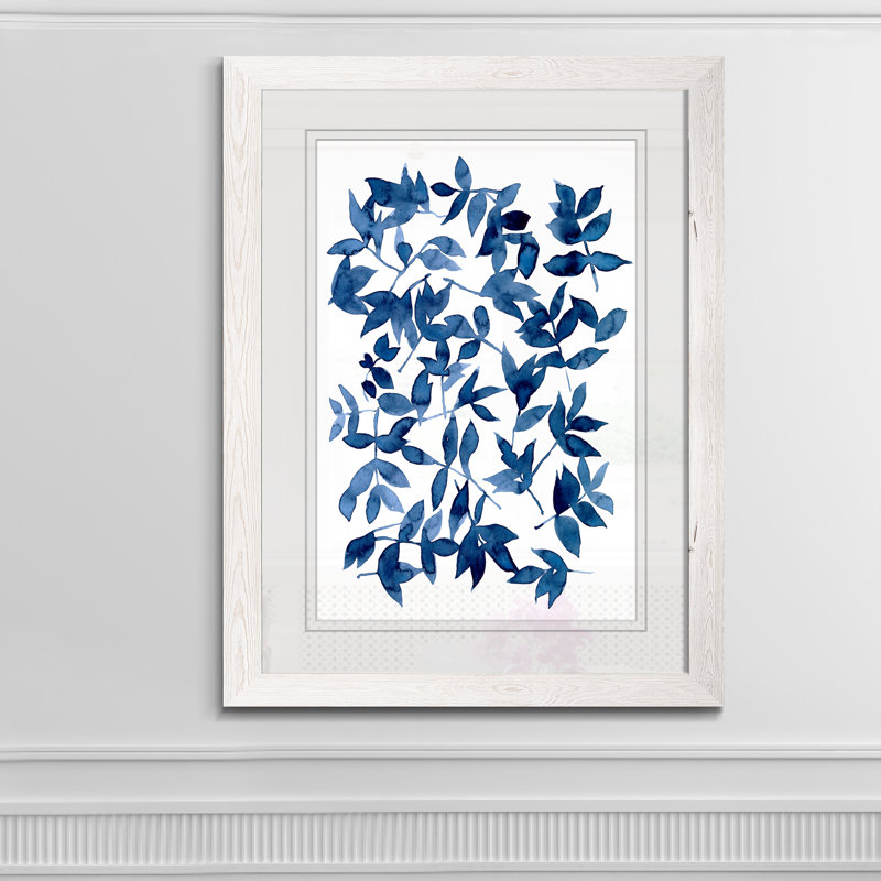 « indigo fallen leaves ii »-peinture sur papier encadrée, H 44 po x l 32 po x P 1,25 po, Cadre blanc