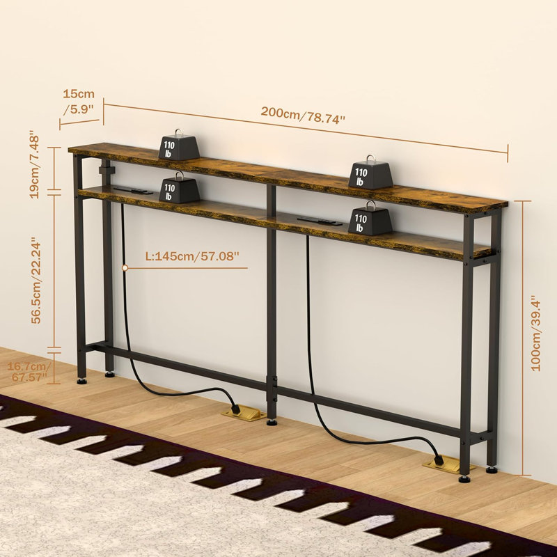 Console à double couche pour console étroite avec prises de courant intégrées et ports USB, rallonge de 4,9 pi, table de canapé robuste derrière le salon ou le bureau, assemblage facile