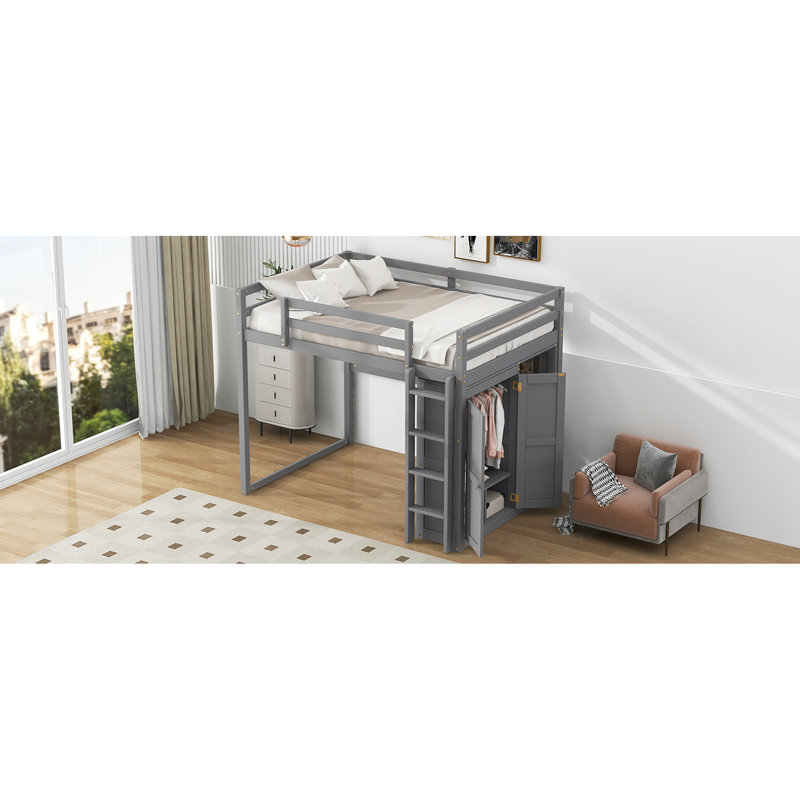 Lit mezzanine double avec garde-robe intégré, tablettes en acrylique à DEL gris, rangement dans la chambre à coucher, bande et durabilité