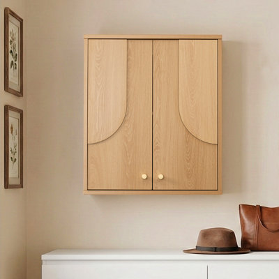 Armoire de rangement murale arquée de 21 po de largeur japonaise 21 po, organisateur de salle de bain 2 portes avec charnières à fermeture en douceur et tablette réglable, chêne naturel