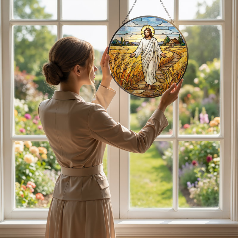 Jesus Walking Stained Glass Window Panel,12"H, H 7,8 po