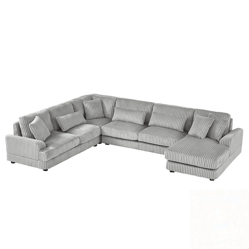 U-Shaped Corduroy Sectional Sofa With A Chaise Lounge, Light Gray