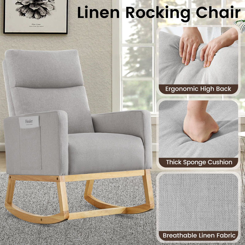 Linen Fabric+ Manufactured Wood Rocking Chair, Light Grey, Natural