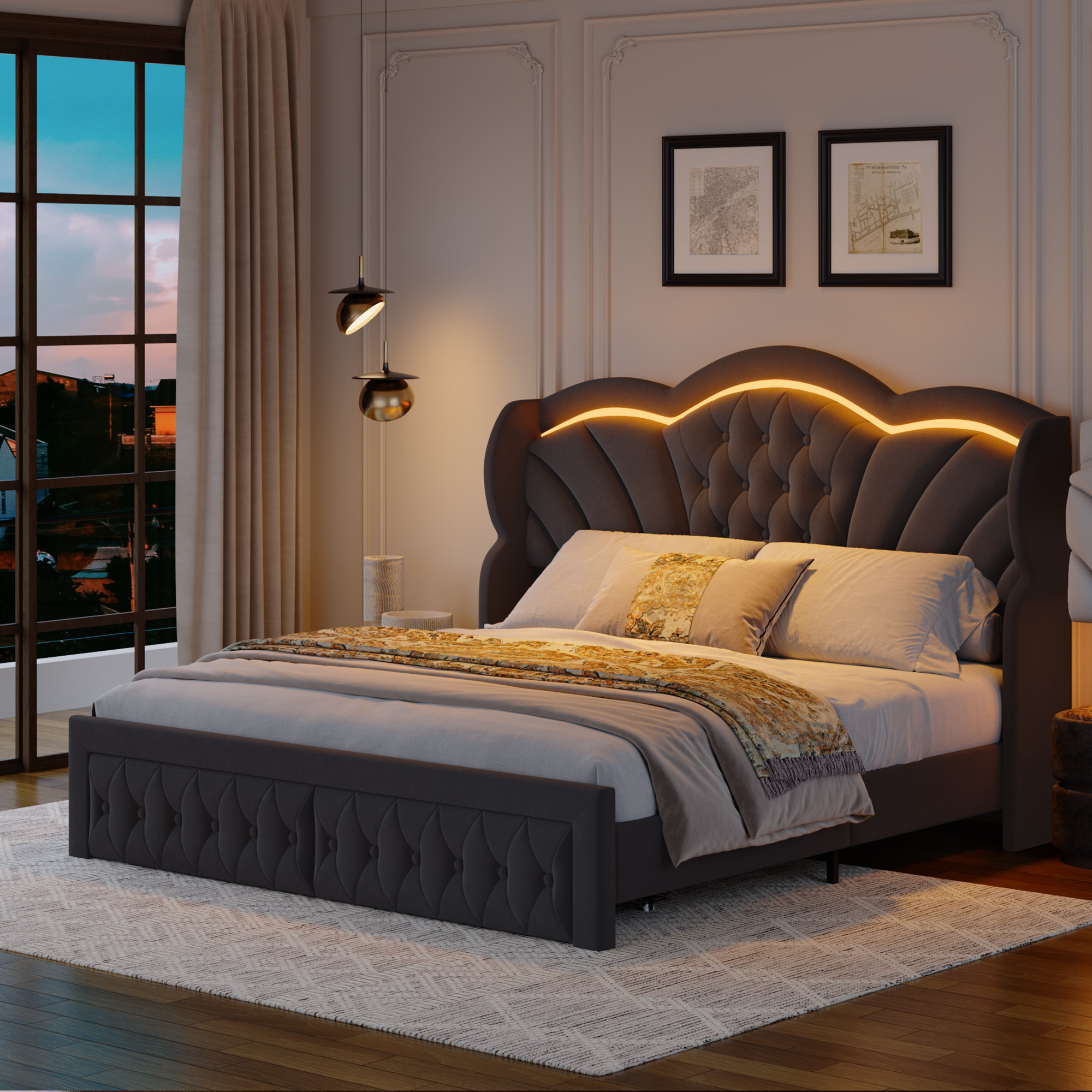 Velvet Upholstered Wingback Bed, Storage Bed with LED Lights