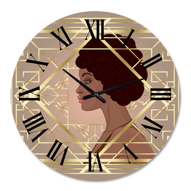«Retro Women In Golden Art Deco Geometrics II» - horloge murale moderne, Surdimensionné