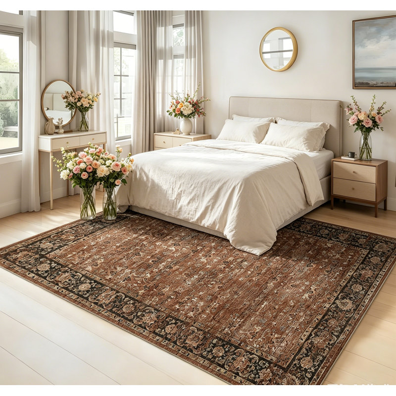 Floral Rug Washable Vintage Living Room Carpet with Non-Slip Backing, Stain-Resistant Low Pile Floor Mats, Foldable Print Indoor Rug for Bedroom, Nursery, Playroom