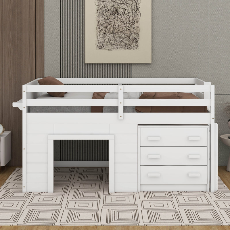 Lit mezzanine simple avec armoire et tablette, White