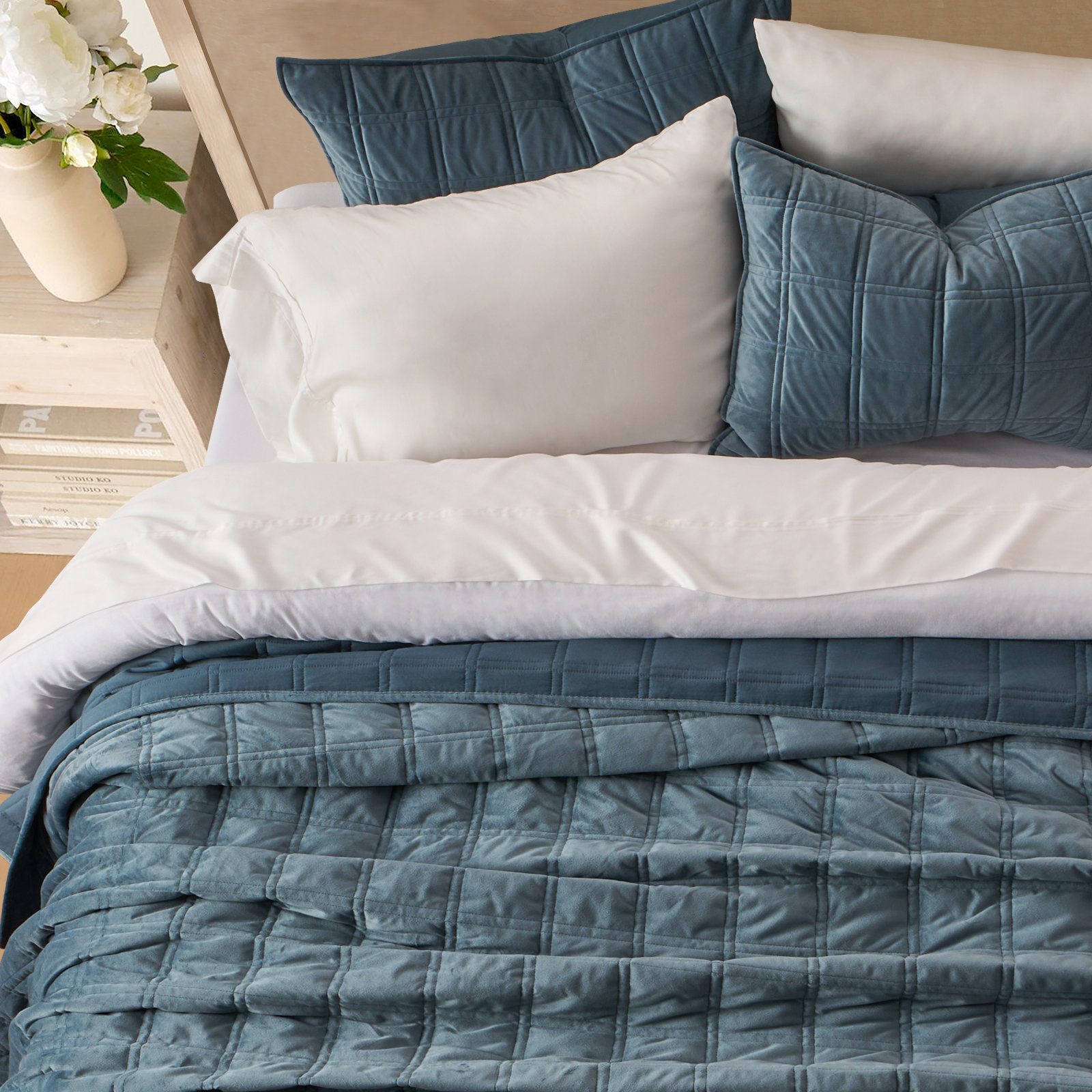 Double Box Stitch Velvet Quilt set, Stormy Blue, Queen Quilt + 2 Queen Shams