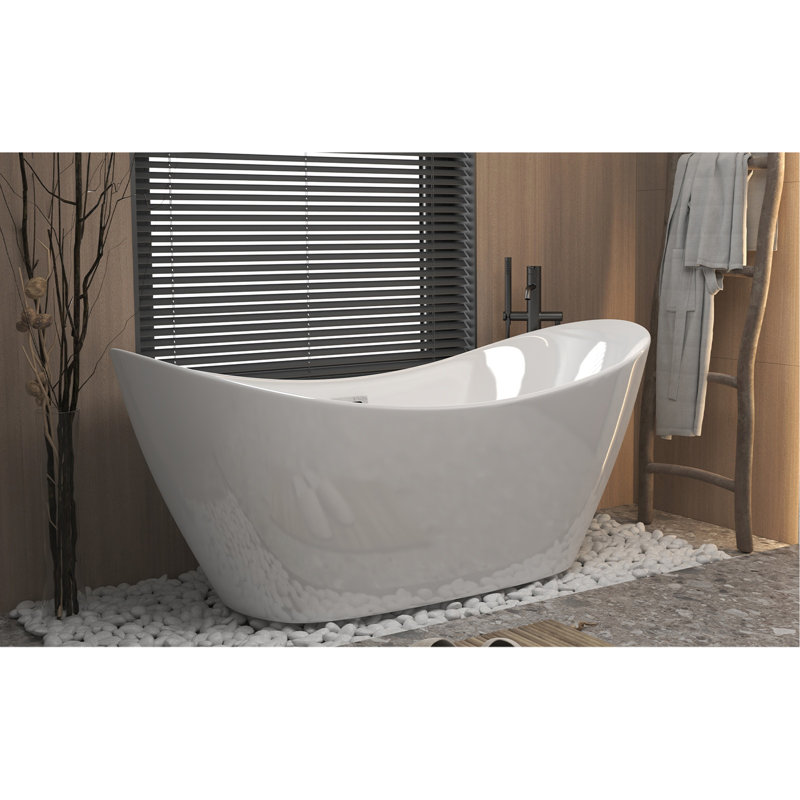 Baignoire autoportante en acrylique 59 po, blanc brillant, avec trop-plein chromé et bonde escamotable, certifiée CUPC