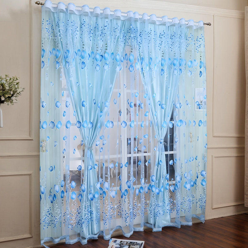 2Pcs Modern Printed Tulip Curtains Sheer Voile Tulle For Bedroom Living Room 39X79Inch (Set Of 2), Blue