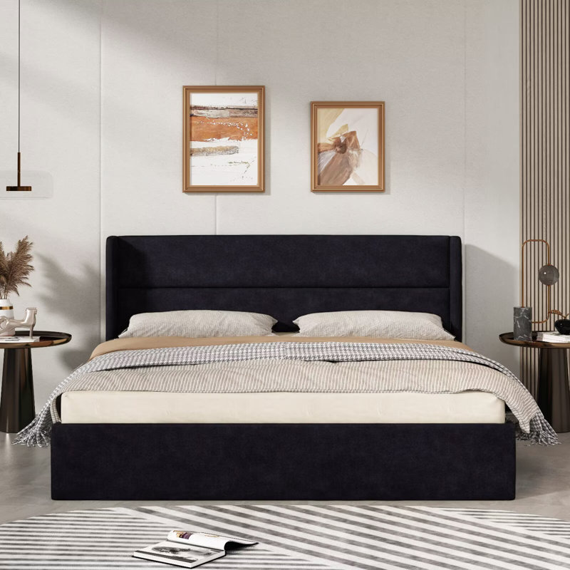 Lit plateforme tapissier avec rangement Gaillarde, Bleu brume grisâtre, Grand