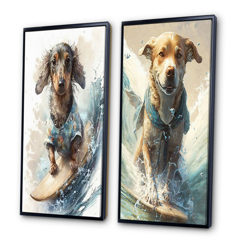 «Dog Surfing», 2 pièces, Cadre noir, H 20 po x l 24 po