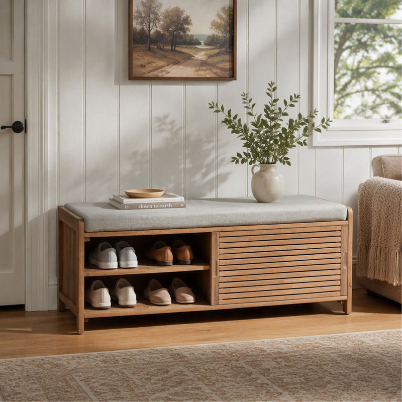 Banc à chaussures avec rangement et coussin, design à volets vieillis pour entrée et salon, White