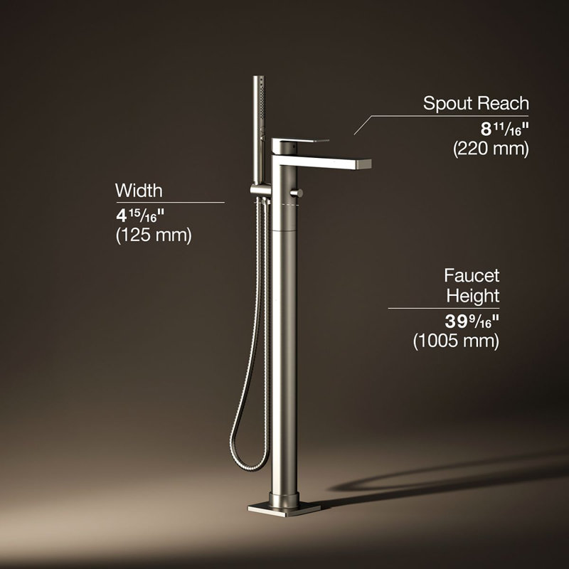 Parallel Floor-Mount Bath Filler Trim With Handshower, Brushed Nickel