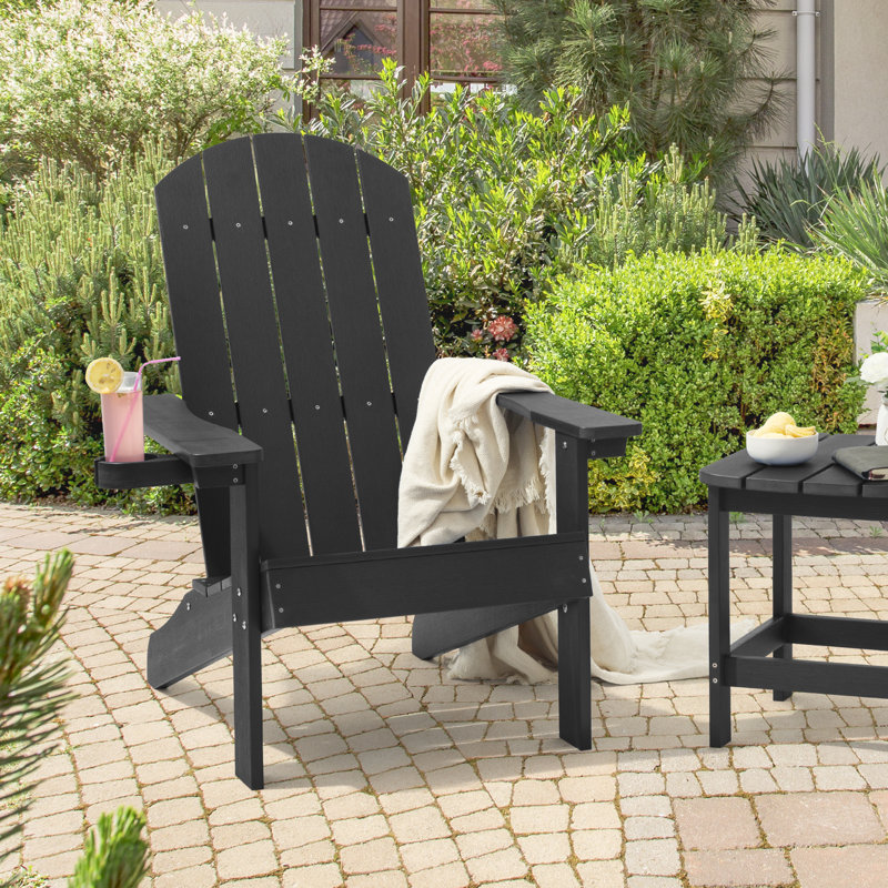Chaise Adirondack de HiPS, chaise de patio toutes saisons pour terrasse de jardin, imitation bois, Noir