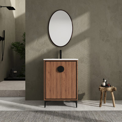 Meuble-lavabo moderne 24 po avec lavabo encastré 24 po. Bois d'ingénierie, résistance, surface lisse. Facile à entretenir. Brun, portes d'armoires supérieures de conception américaine. -, Vaste espace. Installez et installez