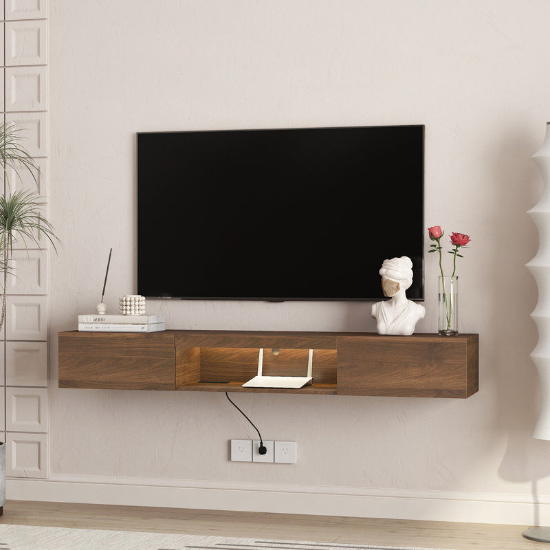 Meuble télé flottant fixé au mur avec 16 lumières à DEL, centre de divertissement moderne, Bois