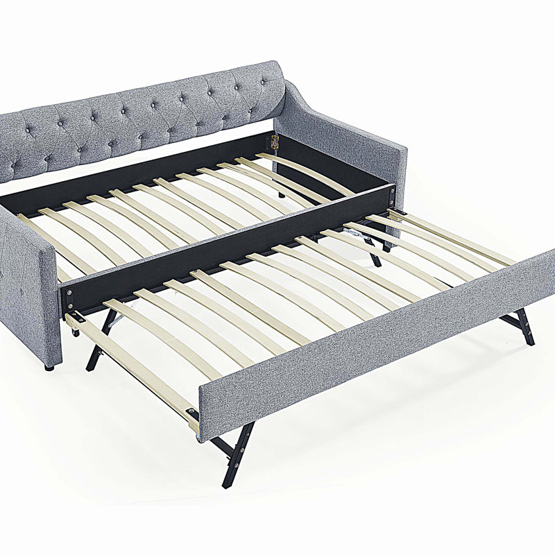 Twin Size Upholstery DayBed with Erectable Trundle and USB Charging, Gray
